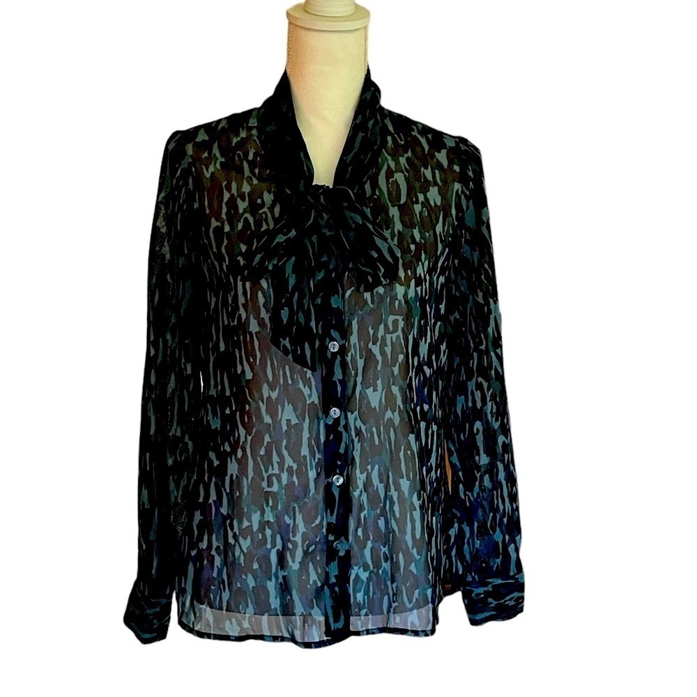 Dennis By Dennis Basso Shear Blue Animal Print Tie Neck Blouse Size XXS